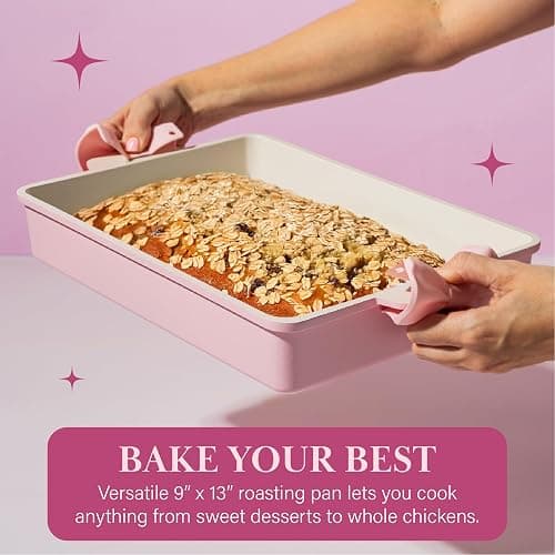 Paris Hilton Deluxe Roasting Pan Set, Heavy Duty Nonstick Bakeware with Silicone Handle Grips, 13"x9", Pink thumbnail 7