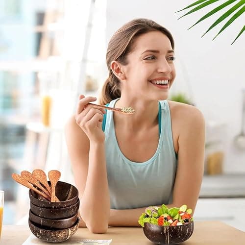 Natural Coconut Serving Bowls Set with Wooden Spoons, 13-15 cm, 4 Bowls and 4 Spoons, Perfect for Smoothies and Buddha Bowls. Hand-Crafted, Vegan-Friendly, Eco-Friendly thumbnail 2