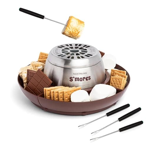Nostalgia Indoor Electric Stainless Steel S'Mores Maker with 4 Lazy Susan Compartment Trays for Graham Crackers, Chocolate, Marshmallows and 4 Roasting Forks, Brown - Image 1
