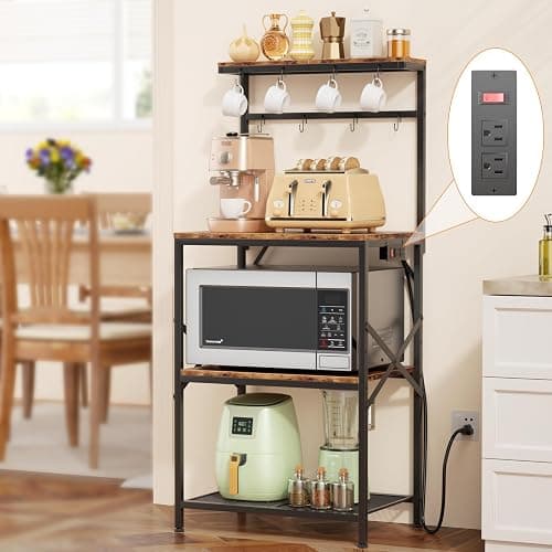 Korfile Kitchen Bakers Rack with Power Outlet, Small Coffee Bar Cart 4 Tiers, Microwave Stand Station with 8 S Hooks, Adjustable Shelf, Freestanding Kitchen Appliance Organizer, Rustic Brown - Image 1