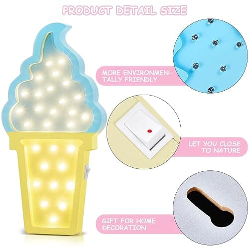Mudder 2 Pcs Ice Cream Decor Wooden LED Night Light Romance Atmosphere Light Ice Cream Theme Party Lamps Battery Operated LED Night Lights for Spring Party Birthday Wedding(Blue-Yellow) thumbnail 3