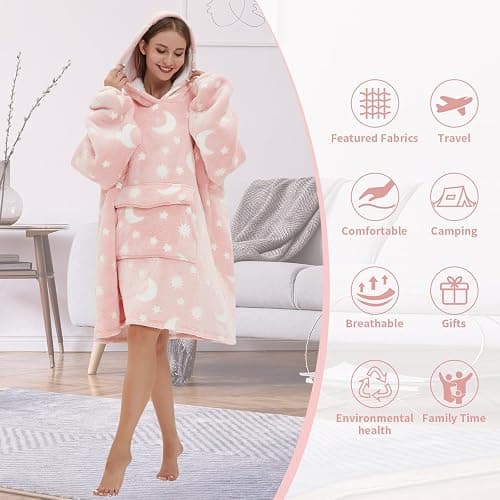 Fiosnow Glow in the Dark Star and Moon Blanket Hoodies for Women and Men Adult Fleece Sherpa Oversize Wearable Blanket Hoodies for Soft and Warm thumbnail 6