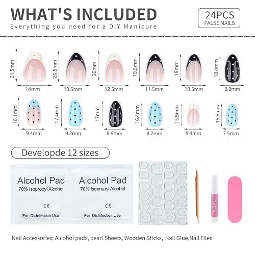 24PCS Soft Gel Press On Nails Almond Polka Dot Nude Blue Black Glossy, Reusable Glue On Fake Nails Acrylic Look False Nails for Women thumbnail 6