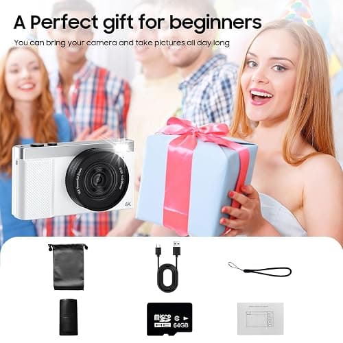 4K Digital Camera, 64MP Vlogging Camera for Photography with 3" 180° Flip Screen, 16X Compact Digital Camera with 64GB Micro SD Card for Beginner (White) thumbnail 8