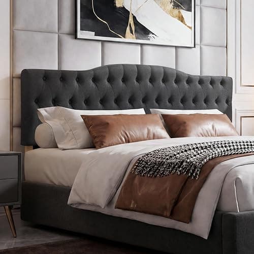 Iroomy Upholstered Queen Headboard, Button Diamond Tufted Headboard with Adjustable Height and Solid Wood Leg, Linen Padded Headboards for Queen Size Bed, Modern Head Board, Dark Grey - Image 1