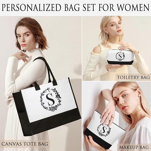 Personalized Christmas Gifts for Women, Initial Canvas Tote Bag & Makeup Bag Monogrammed Beach Tote Bags for Women w/Zipper, Birthday Gifts for Mom Her Sister Friend Girlfriend Wife Daughter Teacher thumbnail 4