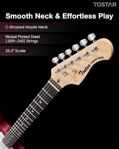 Tostar Electric Guitar Kit for Beginners with 39" Lightweight Body, Red | Rounded Matte Body, Rich Sound, SSH Pickups, 5 Way Switch, 1:18 Tuners, Vintage Tremolo Bridge, Complete Accessories Kit thumbnail 7