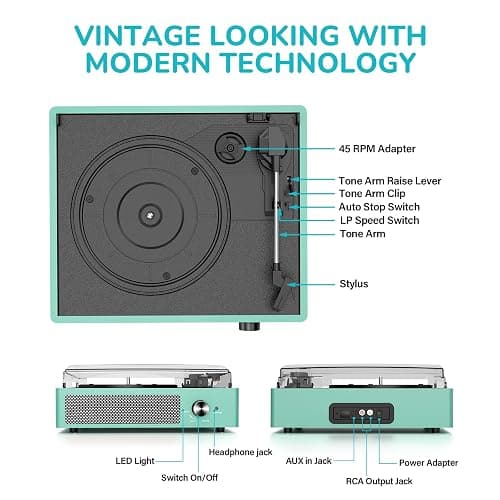 Record Player for Vinyl with 2 Build-in Speakers LP Vinyl Players Belt-Driven Vintage Turntables 3 Speed 3 Size, Wireless Bluetooth Playback, AUX-in, RCA Out, Headphone, Auto Stop,Water Blue thumbnail 2