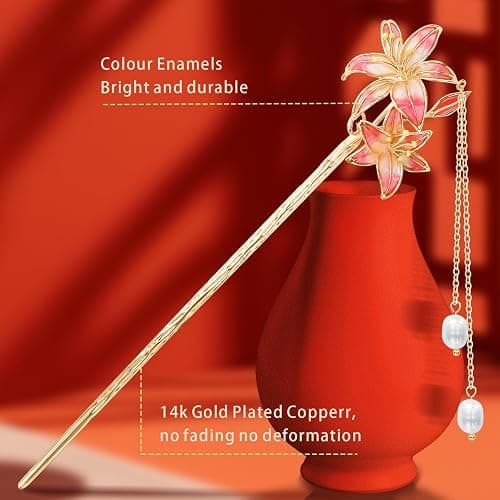 KZQtriid Hair Accessories，14k Gold Plated Copper，Vintage Handcrafted，7.28" Hair Chopsticks For Women，Colour Enamels Pearl Lilies Tassels Hair Stick，Hair Clip thumbnail 5