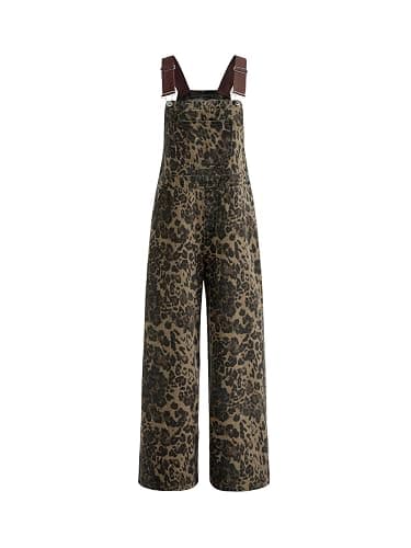 CIDER Overalls for Women Denim Leopard Pocket Buckle Up Wide Leg Jumpsuit - Image 1