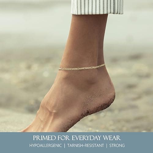 KISPER Gold Ankle Bracelets for Women, 18K Gold Plated 925 Sterling Silver Anklets, Waterproof Tarnish Resistant, Curb/Rope/Figaro/Mariner Chain, 9, 10, 11 Inch thumbnail 4