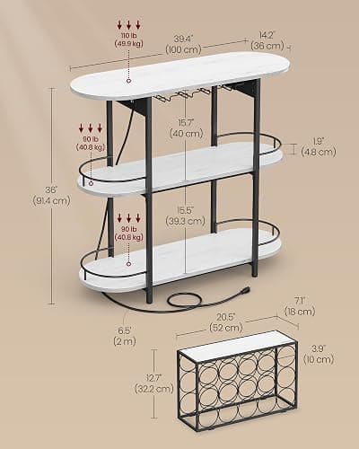 VASAGLE Bar Cabinet with LED Lights and Power Outlets, Freestanding Coffee Bar Wine Cabinet, Wine Rack, Glass Holder, Mini Bar for Liquor and Glasses, Kitchen, Dining Room, Rustic White ULWR007W01S thumbnail 3