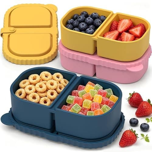 ICEROYCE 3 Pack Silicone Snack Containers for Kids, 2 Compartment Lunch Box | 8 oz Capacity, Leakproof Lid, Food Grade Silicone, Separate Compartments for School Lunch, Daycare and Travel - Image 1