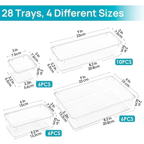 Vtopmart 28 PCS Clear Plastic Drawer Organizers Set, 4-Size Bathroom and Vanity Drawer Organizer Trays, Acrylic Storage Bins for Toiletries, Makeup, Cosmetic, Kitchen Utensils, Tool, Gadgets thumbnail 2