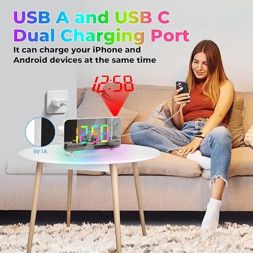 Poeroa Projection Clock, 7.4" LED Mirror Digital Alarm Clocks, with RGB Night Light, 180° Rotatable Projector,USB C Charger Port, Auto Dimmer, Modern Desk Clock for Teens Girl Adults Bedroom - White thumbnail 6