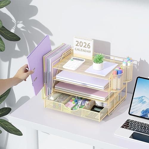gianotter Desk Organizers and Accessories with File Holder, 4-Tier Desk Accessories & Workspace Organizers with Drawer and 2 Pen Holder, Paper Organizer for Office Supplies(Gold) thumbnail 2