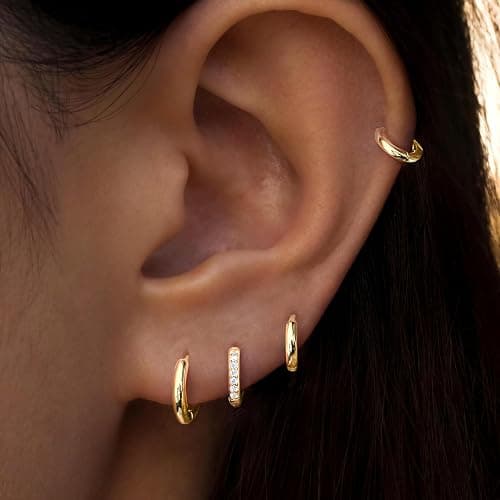 Small Gold Huggie Hoop Earrings Set for Women Men Hypoallergenic 14K Plated Stack Cartilage Earrings, Multiple Piercing Lightweight Mini Thin Cute Dainty Trendy Jewelry Set Gifts for Women thumbnail 5