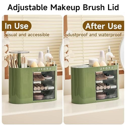 UFORU Makeup Organizer with Pop-Up Brush Holder for Dresser Vanity, Plastic Bathroom Counter Organizer with 3 Drawers & Dust-Proof Cover, Cosmetic Display Case for Lipstick, Skincare, Vintage Green thumbnail 6