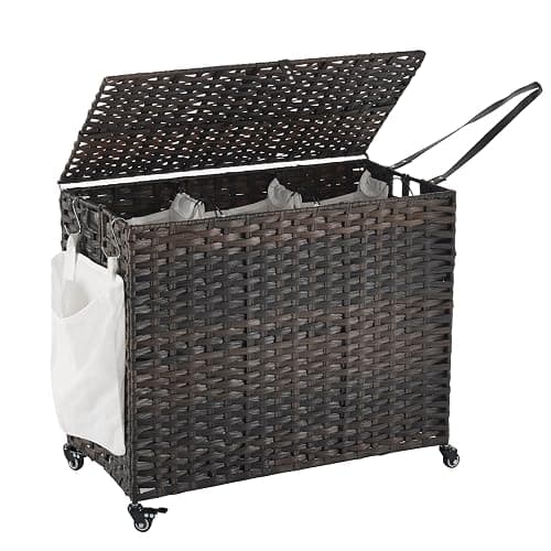 Laundry Hamper with Wheels, 52.8 Gallon(200L) Rolling Laundry Basket with Lid, 3-Section Rattan Clothes Hamper with 3 Removable Liner & 3 Mesh Bags, Laundry Sorter with Side Pocket, Brown - Image 1