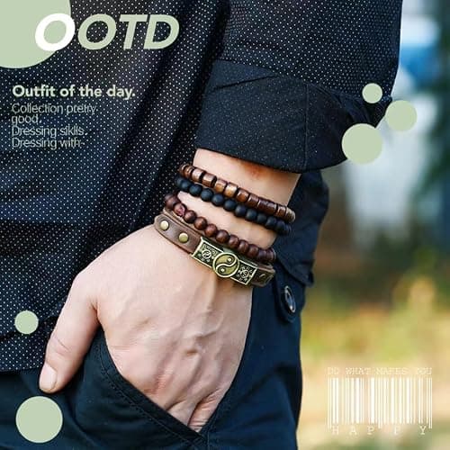 GAUEIOUR Cowhide Wooden Beaded Bracelet, Bagua Tribal Bangle for Men & Women, Multi-layered Beaded Wood Bead Bracelet (4PCS) thumbnail 5
