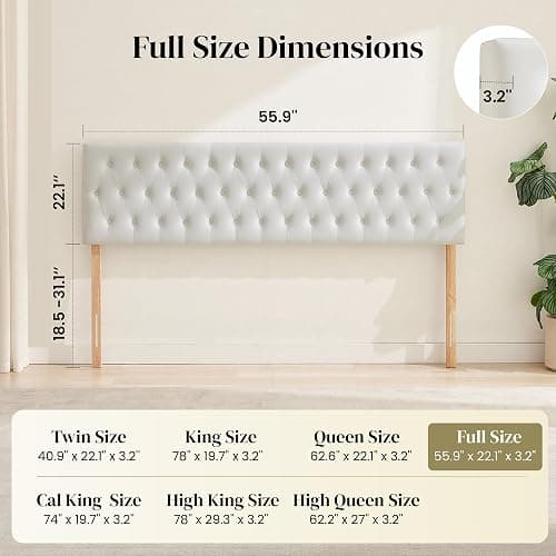 Kingfun Tufted Upholstered Full Size Bed Headboard in Modern Button Design, Adjustable Solid Wood Head Board, Premium Velvet Fabric Padded Headboards in Bedroom (White) thumbnail 7