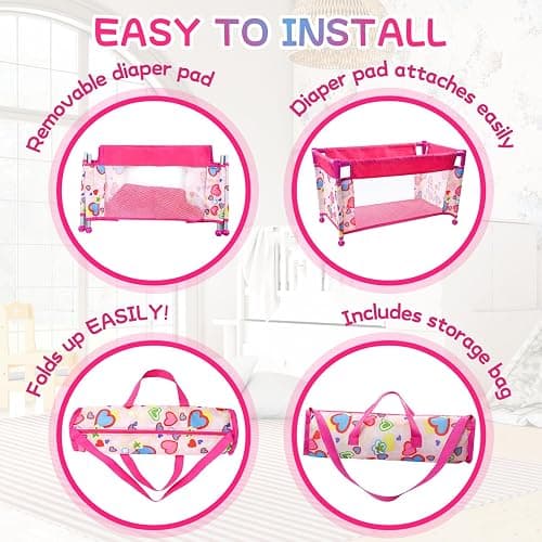 BABESIDE Baby Doll Crib for 18 Inch Dolls, Baby Doll Bed with Cute Pink Heart Storage Bag Accessories, Toy Crib Doll Furniture Gift for Girls Age 3+ thumbnail 5