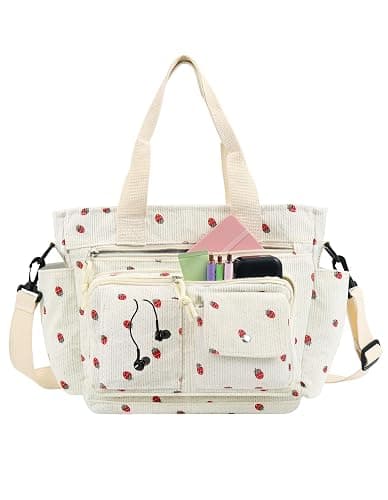 PainZieteg Strawberry Tote Bag Bow Bag With Multi Pocket Women Girls Crossbody Corduroy Handbags Purse Work Travel - Image 1