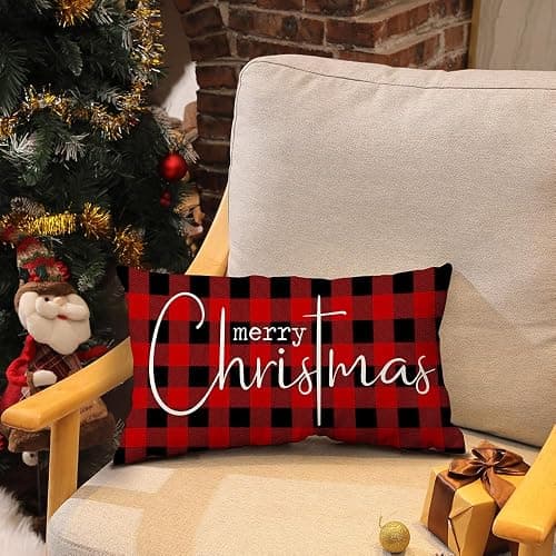 Allorry Christmas Pillow Covers Merry Christmas Throw Pillow Decorative Christmas Red and Black Cotton Cloth Linen Cloth Pillow Cover Sofa Cover Decorative Rectangle Length 12X20 thumbnail 4