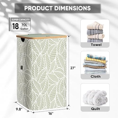 BALEINE Laundry Hamper with Lid, Tall Laundry Baskets with Bamboo Pull Handles, Large Laundry Bin with Internal Support (18 Gal/70L, Antique Foliage) thumbnail 4