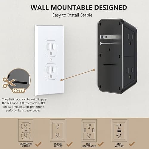2 Pack Multi Plug Wall Outlet Extender Surge Protector 6 AC Outlet Splitter with 4 USB Ports(2 USB C) Wall Charger 1050J Power Strip 125V/15A, 1875W for Home, Office, Travel Dorm Room Essentials thumbnail 6