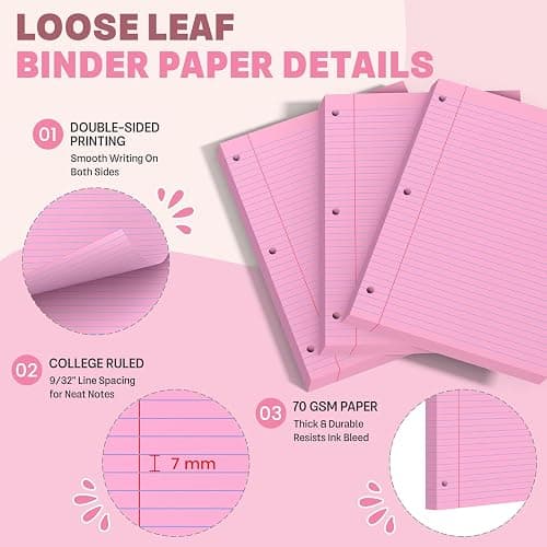 Pink Loose Leaf Paper 8 x 10.5, 120 Sheets Lined Paper College Ruled Paper | 3 Hole Punched Notebook Paper College Ruled, 3 Ring Binder Paper 8 x 10.5, Filler Paper College Ruled for Office, School thumbnail 4