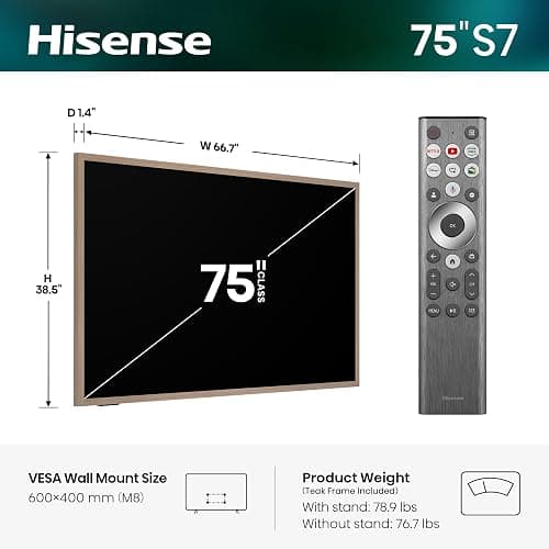 Hisense 75“ Hi-QLED S7 CanvasTV Series 4K UHD Google Smart Art TV (75S7SG, 2026 New) - 144Hz, Art Mode, Anti-Glare Panel, Dolby Vision HDR, Hi-Matte Display, Frame & UltraSlim Wall Mount Included thumbnail 3