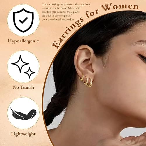 Turandoss 8 Pairs Hypoallergenic Gold Hoop Earrings for Women Trendy | Dainty 14K Gold Plated Huggie Hoop Stud Earrings for Women, Flat Back Earrings Set for Multiple Piercing thumbnail 4