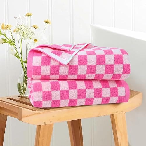 Jacquotha Hot-Pink Checkered Cotton Bath Towels Set of 2 - Cute Aesthetic Bathroom Towels for Women Girls Teens, Valentines Bathroom Decor 27.5" x 55" thumbnail 4