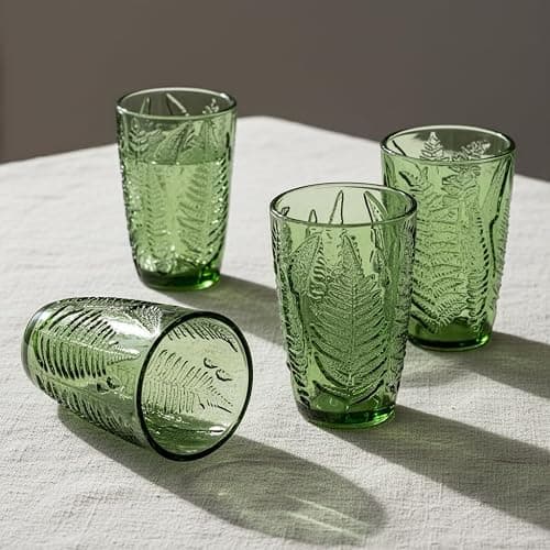 Green Drinking Glasses Set Of 4-12 Oz Hand Blown Vintage Drinking Glasses, Boho Aesthetic Antique Glassware, Colored Cute Glass Cups, Textured Highball Water Tumbler, Unique Retro Drinkware Gift thumbnail 4