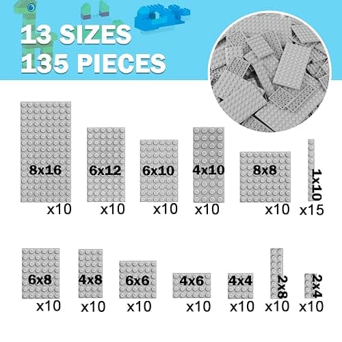 MALEKO 135 Pieces Classic Base Plates Multipack, 13 Sizes Small Baseplates for Building Bricks, Flat Boards Compatible with Major Brands Blocks, Light Grey thumbnail 4
