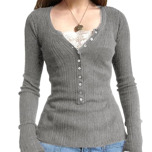 Womens Long Sleeve Henley Tops Casual Button Up Tunic Blouse Ribbed Slim Fit Shirts Y2K Lace Patchwork Pullover Shirt thumbnail 2