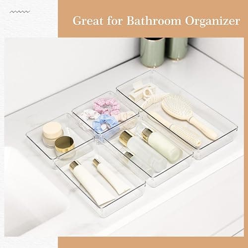 Criusia Drawer Organizer, 12 Pack Clear Plastic Kitchen Drawer Organizers Set,4-Size Versatile Bathroom and Vanity Organizer Trays,Storage Bins for Makeup, Bathroom, Jewelries and Office thumbnail 3