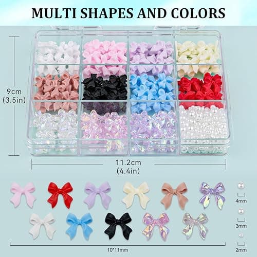 600 Pcs Bow Nail Charms and Flatback Pearls Set 2, 11 Colors Shiny Cute Bow Charms Nail Jewels and 2-4mm White Nail Pearls for Nail Art DIY Decoration with Pickup Tools thumbnail 2