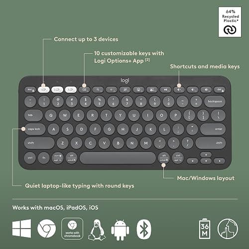 Logitech Pebble Keys 2 K380s, Multi-Device Bluetooth Wireless Keyboard with Customizable Shortcuts, Slim and Portable, Easy-Switch for Windows, macOS, iPadOS, Android, Chrome OS - Tonal Graphite thumbnail 6