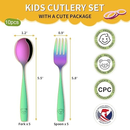 DEHOV Rainbow Toddler Eating Utensils Set,Set Of 12 Food Grade Stainless Steel Silverware Sets For Kids,Dishwasher Safe Children Small Metal Spoons And Forks Flatware Sets thumbnail 3