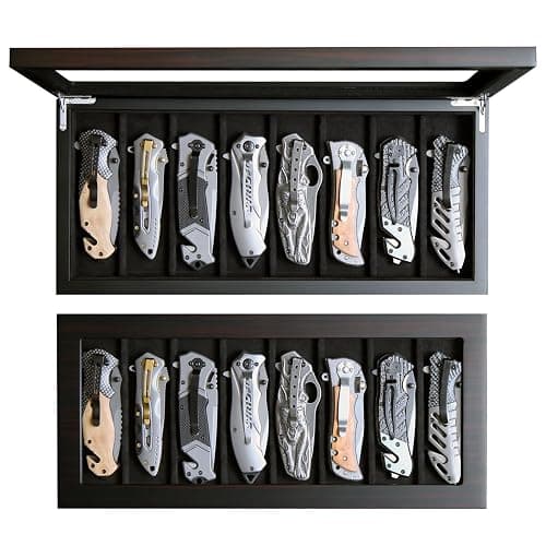 Besforu Knife Display Case Organizer storage 8 pocket knives, Folding Knife Holder with Real Glass Window Top, Pocket knife collection box for men gift (Ebony Veneer 8 slot) - Image 1