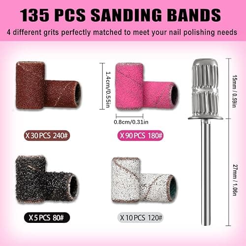 Haozher Nail Drill Bits, 135 Pcs Sanding Bands for Nail Drill, Nail Tips for Drill Bits Nail Tech, Mix 80#120#180#240# Fine Grit File Sanding Bands for Acrylic Gel Manicures Pedicure thumbnail 3