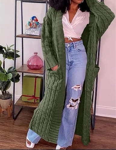 HRESSLBD Womens Thin Stylish Cable Knit Dual Extra Long Maxi Cardigan with 2-Pockets thumbnail 4