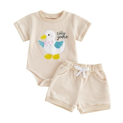 FYBITBO Newborn Baby Girl Summer Shorts Clothes Goose Embroidery Short Sleeve Romper Waffle Shorts Set One Silly Goose Outfit - Image 1
