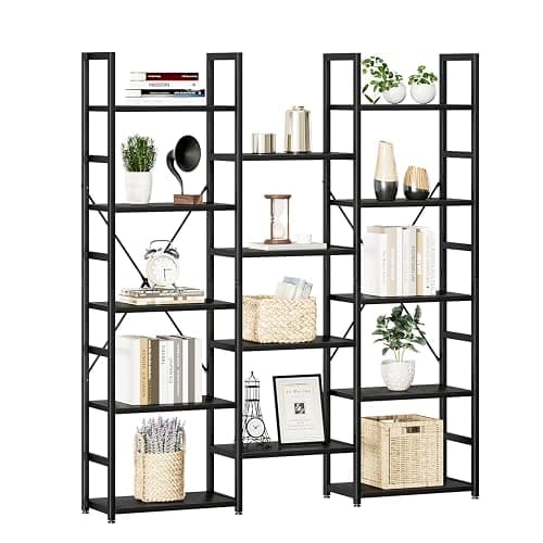 NUMENN Triple Column 5 Tier Bookshelf, Bookcase with 14 Open Display Shelves, Adjustable Rustic Industrial Style Book Shelves, Modern Bookshelves for Bedroom, Living Room and Home Office, Black - Image 1
