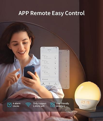 ecozy Sunrise Alarm Clock for Heavy Sleepers, Smart Wake Up Light with Sunrise/Sunset Simulation, App & Voice Controlled, Natural Sounds & FM Radio, 4 Alarms & Snooze, 8 Colors Night Light for Bedroom thumbnail 3