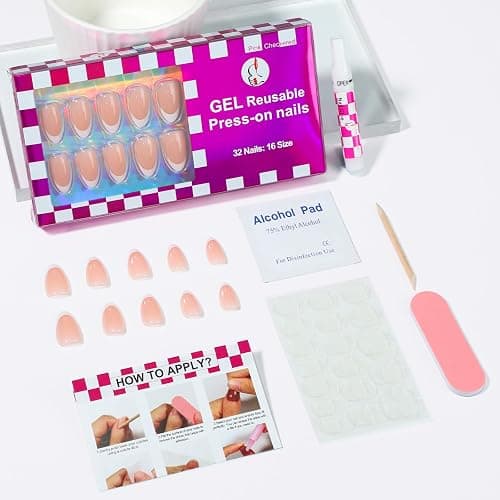 French Almond Gel Press On Nails Short 16 Sizes Fake Nails Glossy 32pcs, Nail Glue Included thumbnail 4