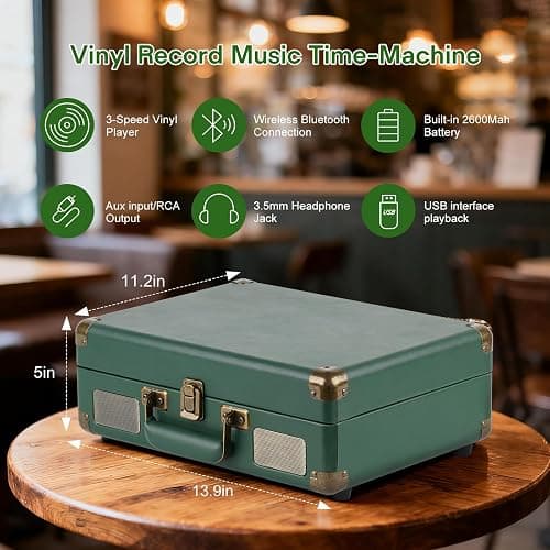 Record Player Portable with Bluetooth Connection USB Playback and Built in Rechargeable Battery 3 Speed Turntable Suitcase Design Vinyl Player with Built in Speakers for Home or Travel thumbnail 2
