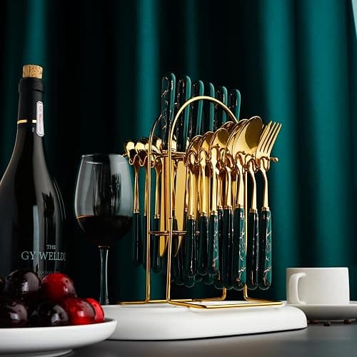 24-Piece Gilded Stainless Steel Flatware Set,Kitchen Utensil Tableware Cutlery Set Service for 6, Steak Cutlery Set for Home and Restaurant (Dark Green) thumbnail 2